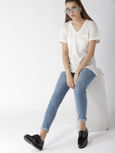 

Tommy Hilfiger Women Off-White Solid V-Neck T-shirt