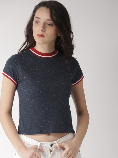 

Tommy Hilfiger Women Navy Blue Solid Round Neck Cropped T-shirt