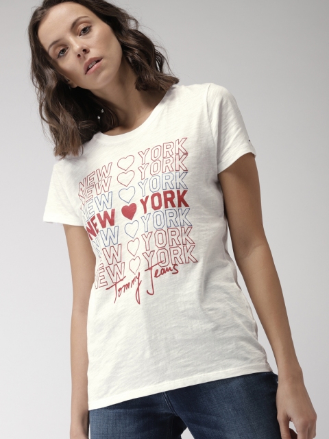 

Tommy Hilfiger Women White Printed Round Neck Pure Cotton T-shirt