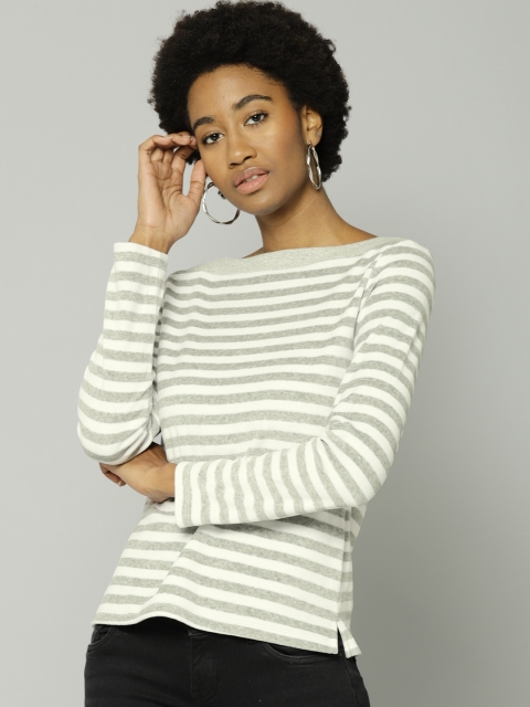 

Marks & Spencer Women White & Grey Striped Top