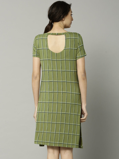 

Marks & Spencer Women Olive Green Checked A-Line Dress
