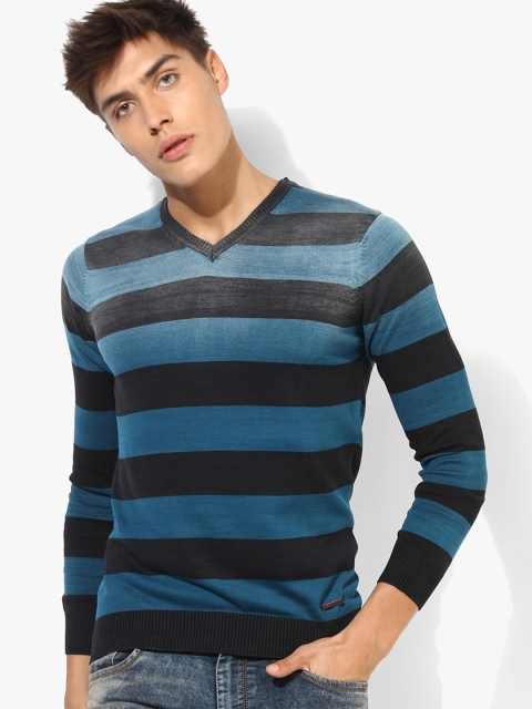 

SPYKAR Men Teal Blue & Black Striped V-Neck T-shirt