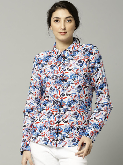 

Marks & Spencer Women White & Blue Regular Fit Printed Casual Shirt