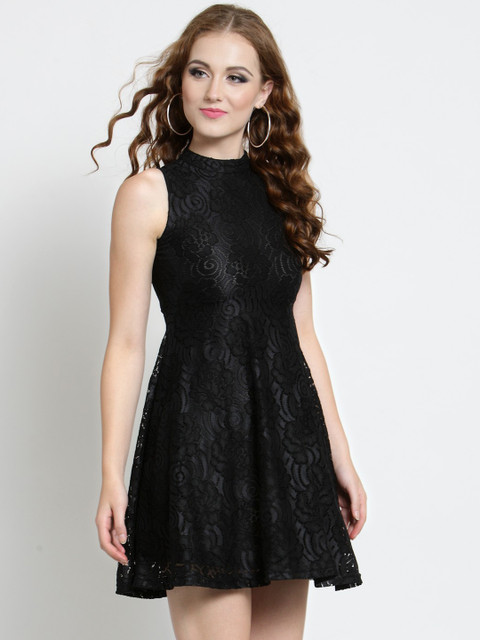 

Sera Women Black Self Design Fit and Flare Dress