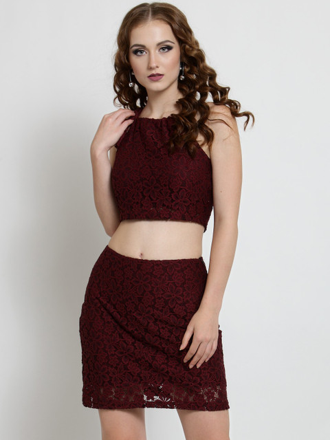 

Sera Women Burgundy Self Design Two-Piece Dress
