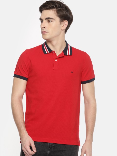 

Tommy Hilfiger Men Red Solid Polo Collar Pure Cotton T-shirt