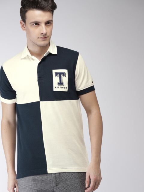 

Tommy Hilfiger Men Navy Blue& Cream-Coloured Colourblocked Polo T-shirt