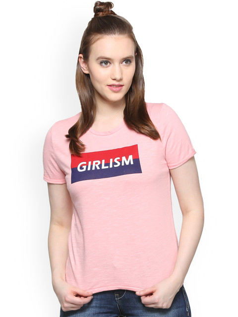 

People Women Pink Printed Round Neck T-shirt