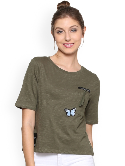 

People Women Olive Green Solid Round Neck T-shirt