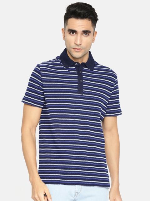 

Marks & Spencer Men Navy Blue & White Striped Slim Fit Polo Collar T-shirt