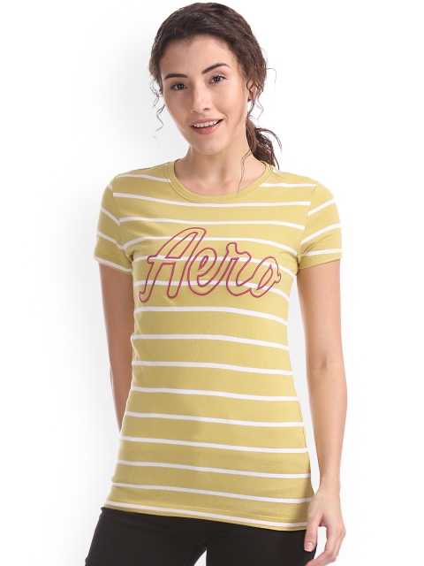 

Aeropostale Women Yellow Striped Round Neck Pure Cotton T-shirt