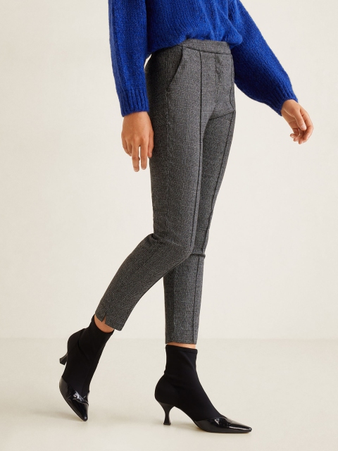 

MANGO Women Charcoal Regular Fit Checked Cropped Trousers