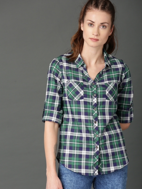 

Roadster Women Green & Navy Blue Regular Fit Checked Casual Shirt