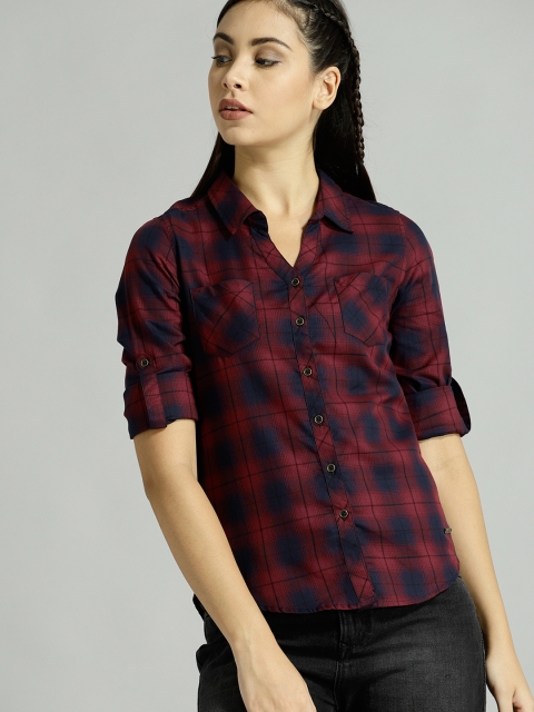 

Roadster Fast and Furious Women Maroon & Navy Blue Checked Casual Shirt