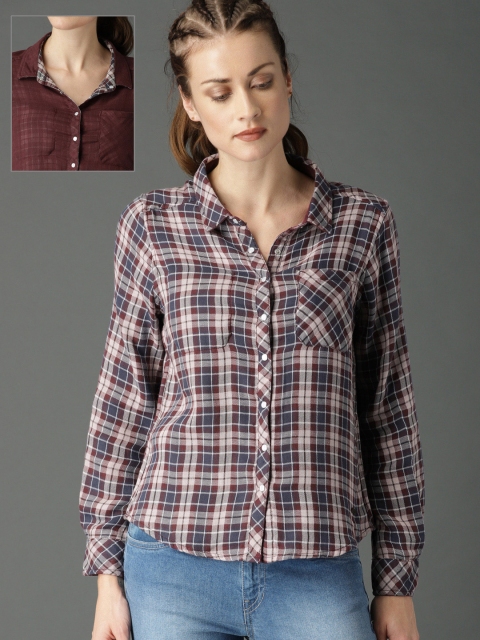 

Roadster Fast and Furious Women Maroon & Navy Blue Regular Fit Checked Casual Reversed Shirt