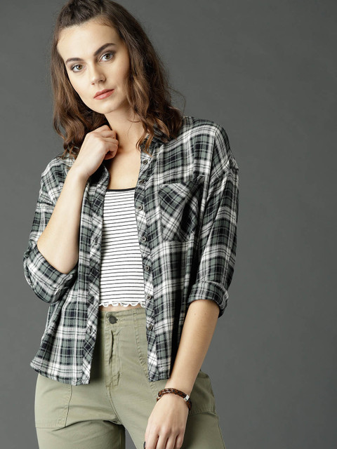 

Roadster Women Olive Green & White Regular Fit Checked Casual Shirt