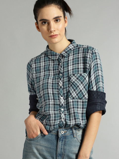

Roadster Women Blue & Grey Checked Casual Shirt