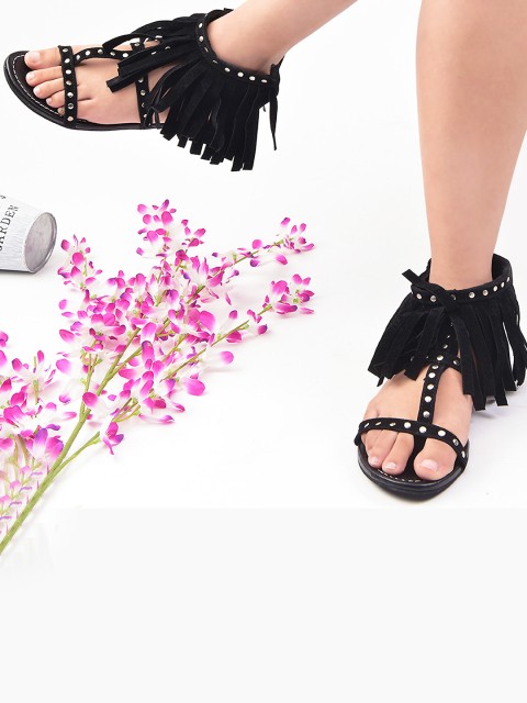 

Street Style Store Women Black Embellished Open Toe Flats with Fringes