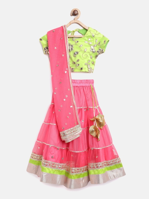 

pspeaches Girls Pink & Green Woven Design Ready to Wear Lehenga & Blouse with Dupatta