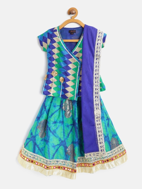 

pspeaches Girls Blue & Green Printed Ready to Wear Lehenga & Blouse with Dupatta