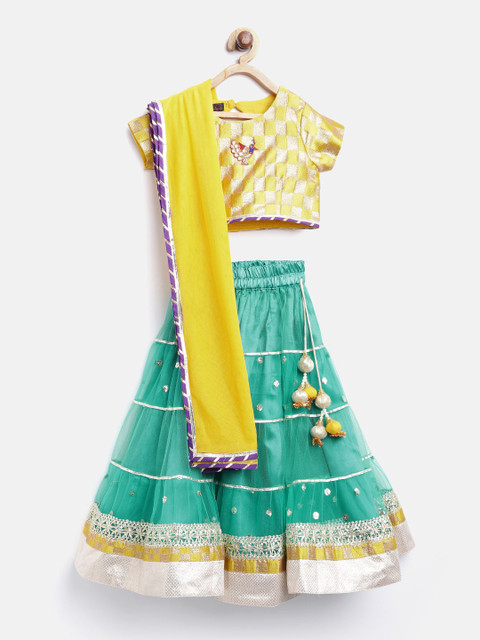 

pspeaches Girls Green & Yellow Printed Ready to Wear Lehenga & Blouse with Dupatta