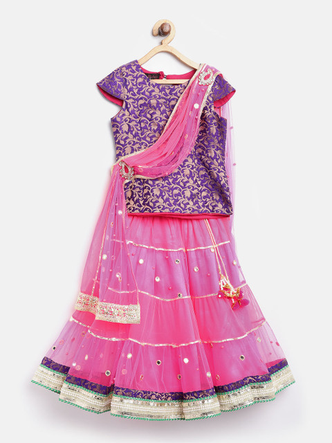 

pspeaches Girls Pink & Purple Woven Design Ready to Wear Lehenga & Blouse with Dupatta