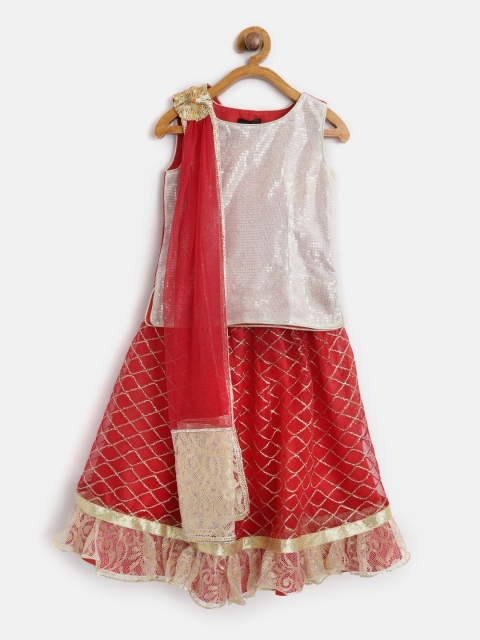 

pspeaches Girls Red & Beige Sequinned Ready to Wear Pattu Pavadai with Stitched Dupatta