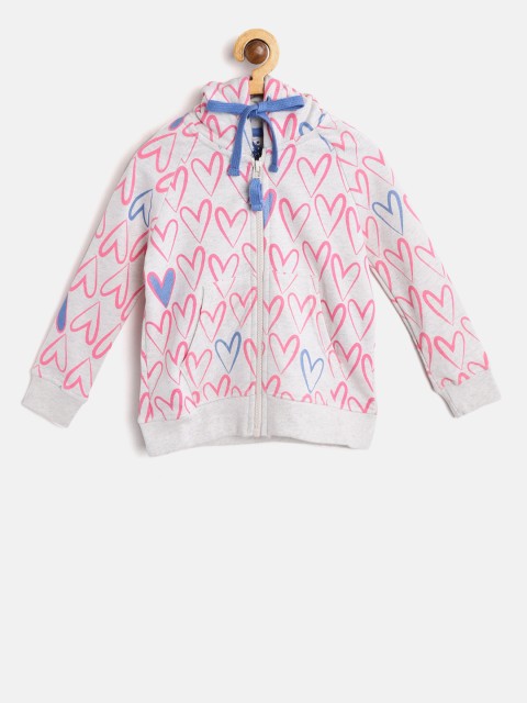 

U.S. Polo Assn. Kids Girls Grey Melange & Pink Printed Hooded Sweatshirt