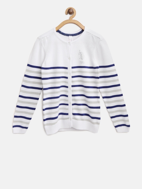 

U.S. Polo Assn. Kids Girls White & Blue Striped Cardigan