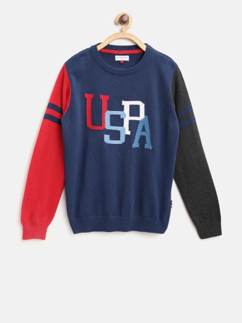 

U.S. Polo Assn. Kids Boys Navy Blue & Red Self Design Pullover