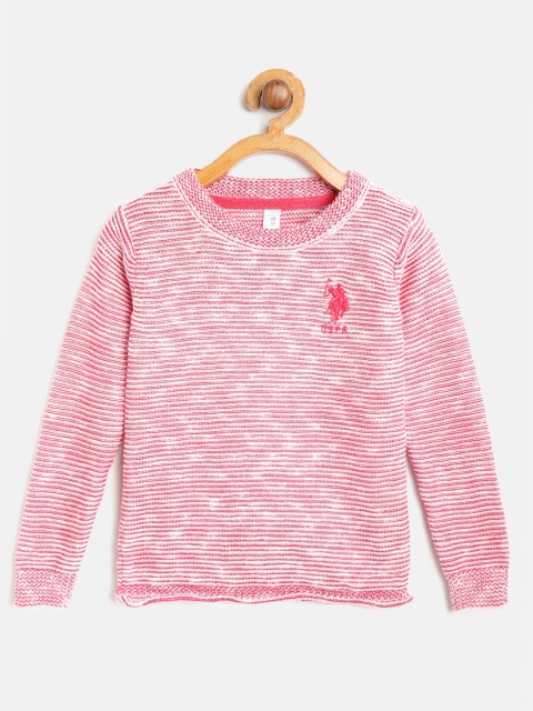 

U.S. Polo Assn. Kids Girls Pink & White Self-Striped Sweater