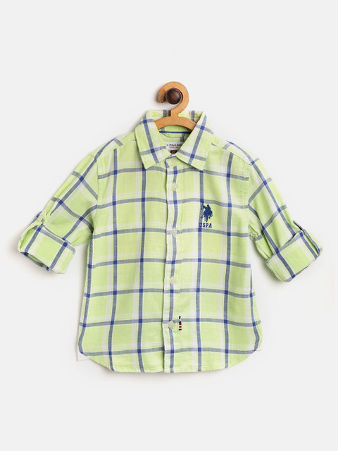 

U.S. Polo Assn. Kids Boys Lime Green & Navy Blue Regular Fit Checked Casual Shirt