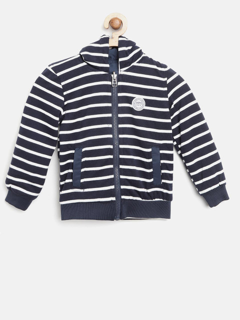 

U.S. Polo Assn. Kids Boys Navy Blue & White Striped Hooded Reversible Bomber Jacket