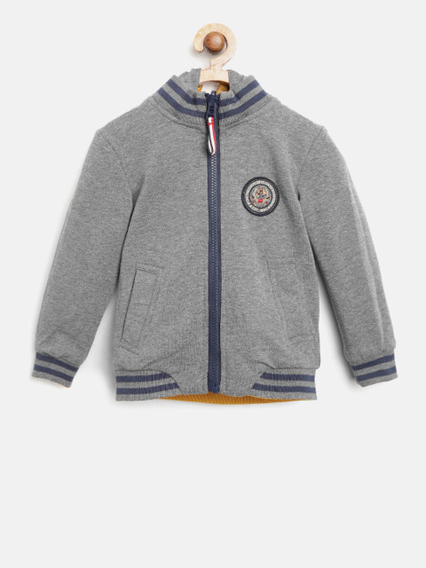 

U.S. Polo Assn. Kids Boys Grey Melange Solid Reversible Hooded Bomber Jacket