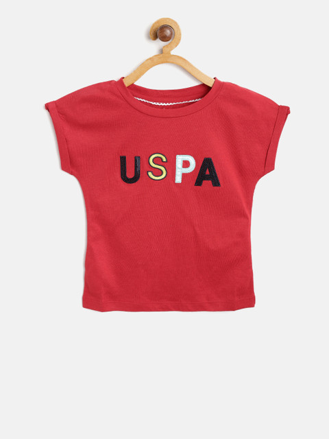 

U.S. Polo Assn. Kids Girls Red Self Design Round Neck T-shirt