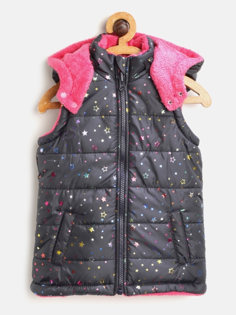 

U.S. Polo Assn. Kids Girls Navy Blue Printed Hooded Reversible Padded Jacket
