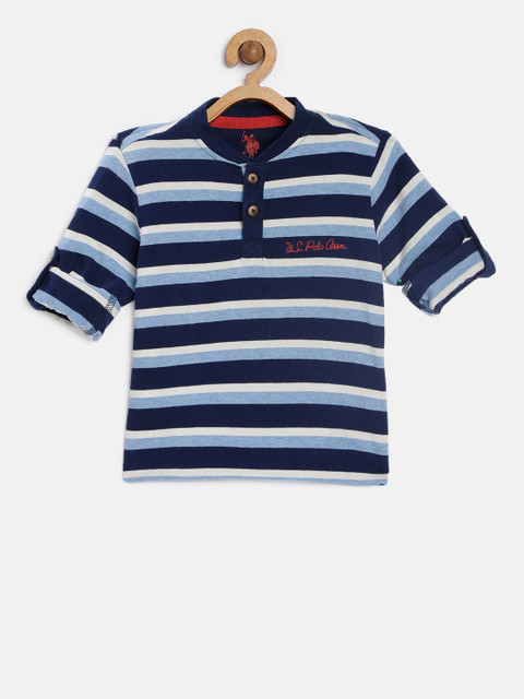 

U.S. Polo Assn. Kids Boys Blue & Off-White Striped Henley Neck T-shirt
