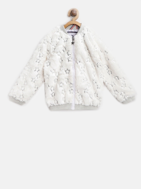 

U.S. Polo Assn. Kids Girls White Faux Fur Sequinned Bomber Jacket