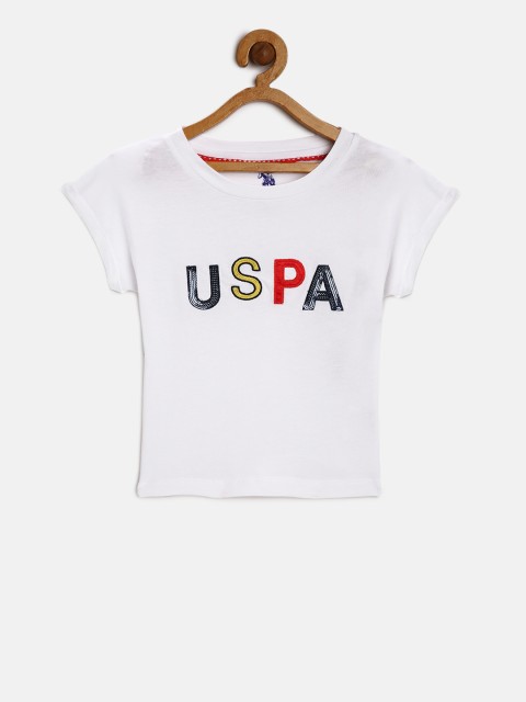 

U.S. Polo Assn. Kids Girls White Self Design Round Neck T-shirt