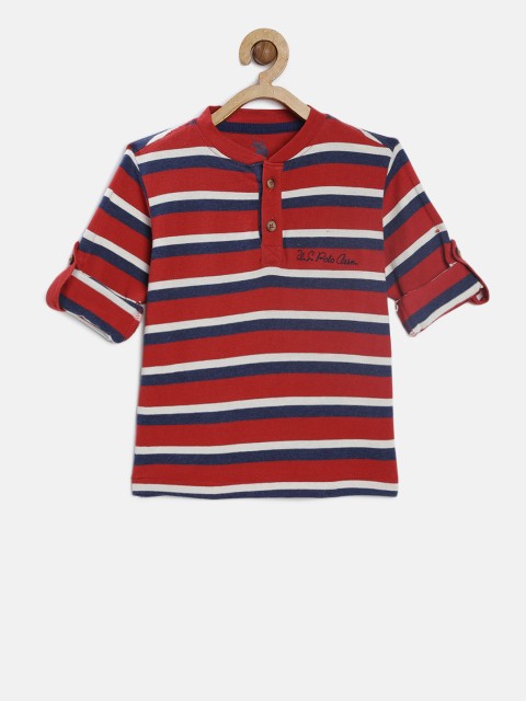 

U.S. Polo Assn. Kids Boys Red & White Striped Henley Neck T-shirt