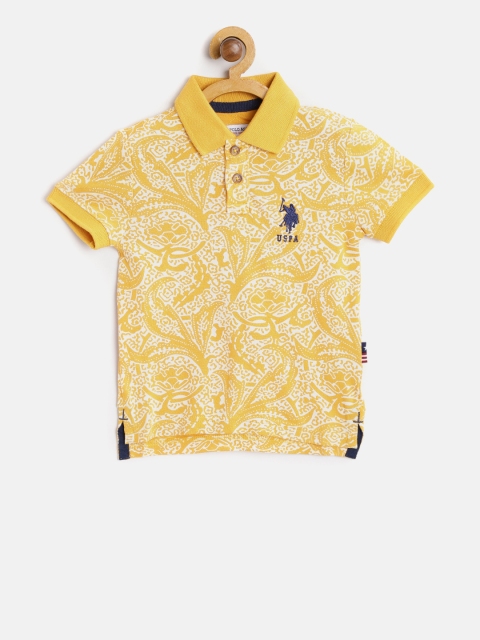 

U.S. Polo Assn. Kids Boys Mustard Yellow & Off-White Printed Polo Collar T-shirt