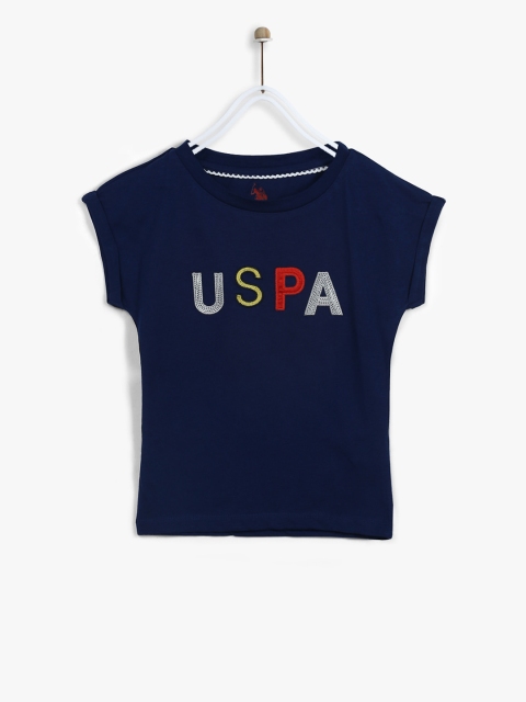 

U.S. Polo Assn. Kids Girls Navy Blue Solid Round Neck T-shirt
