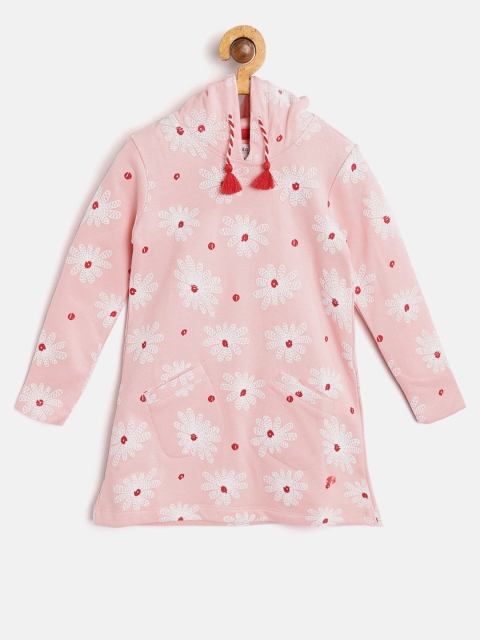 

U.S. Polo Assn. Kids Girls Pink & Off-White Printed Hooded Sweatshirt Dress