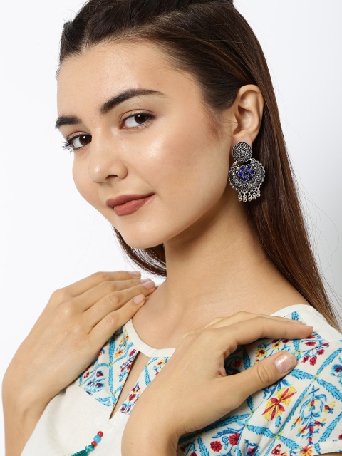 

Ayesha Silver-Toned & Blue Crescent Shaped Drop Earrings
