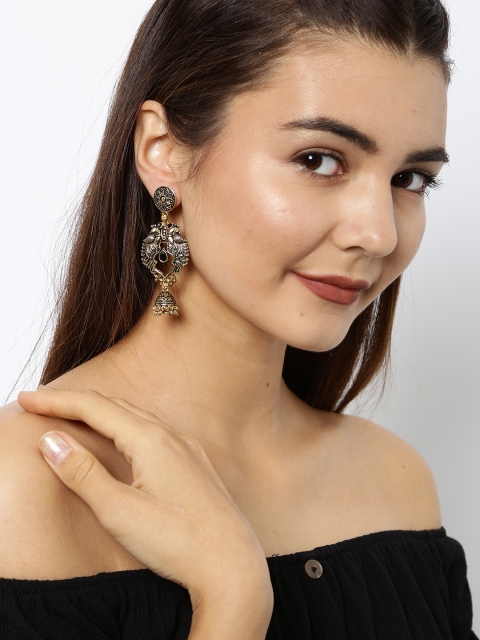 

Ayesha Ethnic Oxidized Gold & Green Rhinestone Jhumki Chandbali Drop Earrings