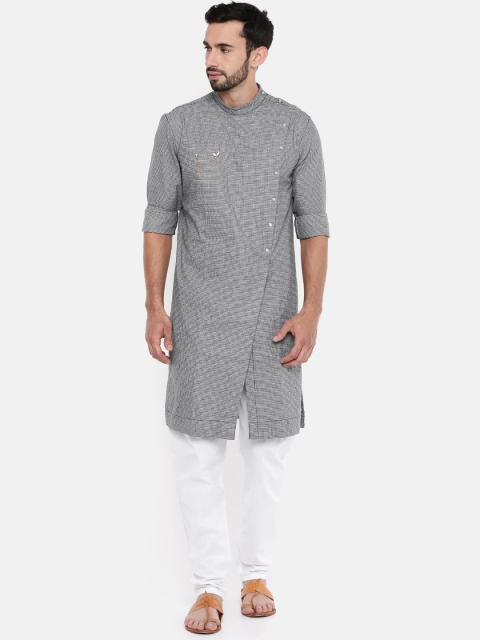 

Freehand Men Black & Grey Woven Design Angrakha Straight Kurta