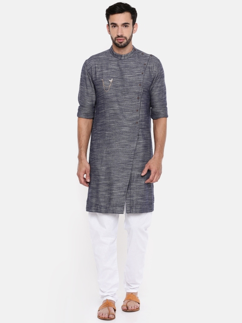 

Freehand Men Navy Blue Solid Angrakha Straight Kurta