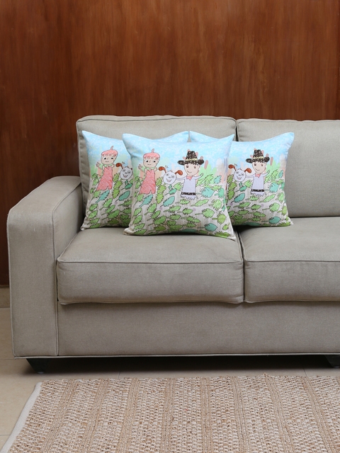 

House This Multicoloured Set of 3 Cartoon Characters Square Cushion Covers, Multi