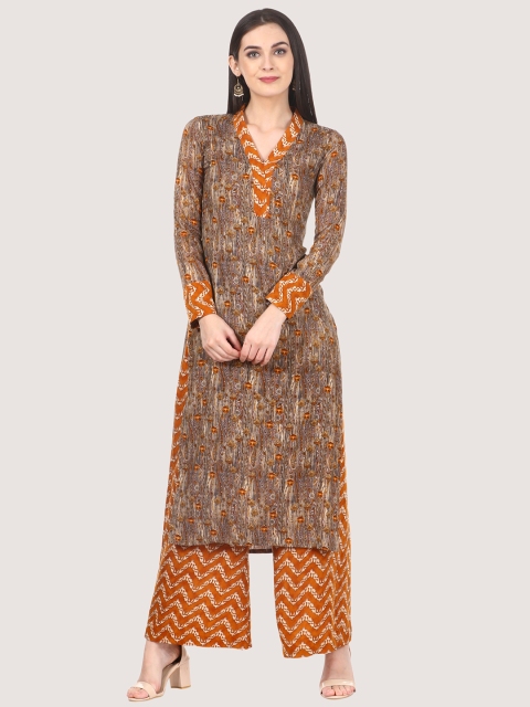 

Saadgi Women Brown & Orange Printed Kurta with Palazzos