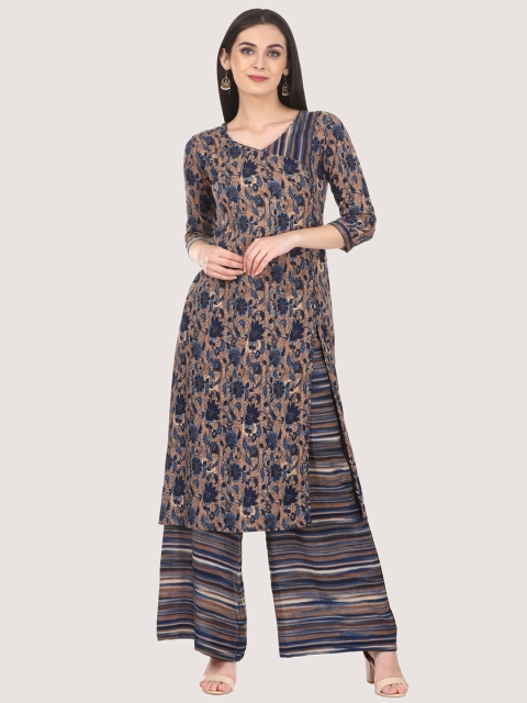

Saadgi Women Brown & Blue Printed Kurta with Palazzos